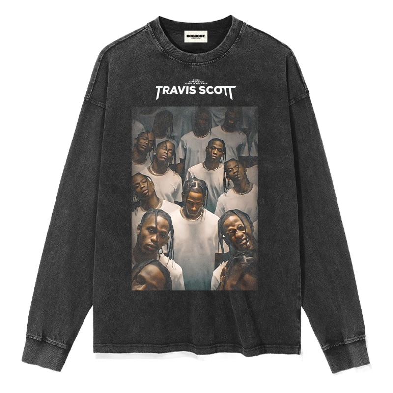 Bc Europa y América calle hip hop Travis Scott rap personaje impreso lavado apenado suelta manga corta Camiseta de los hombres