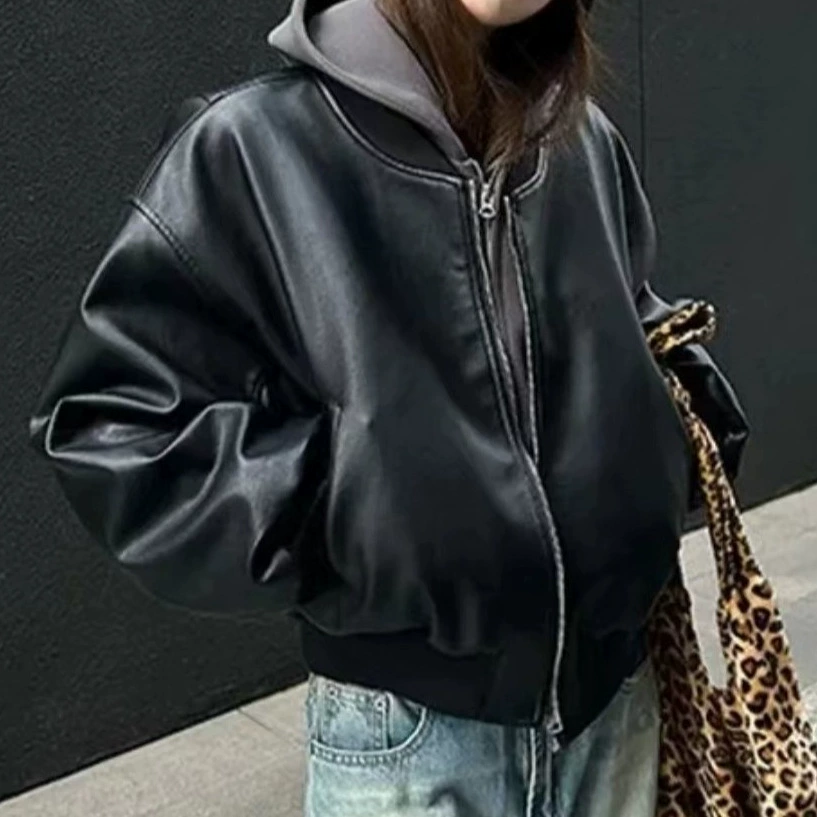 Весенняя новая кожаная куртка с круглым вырезом женская короткая американская свободная уличная куртка от ветра