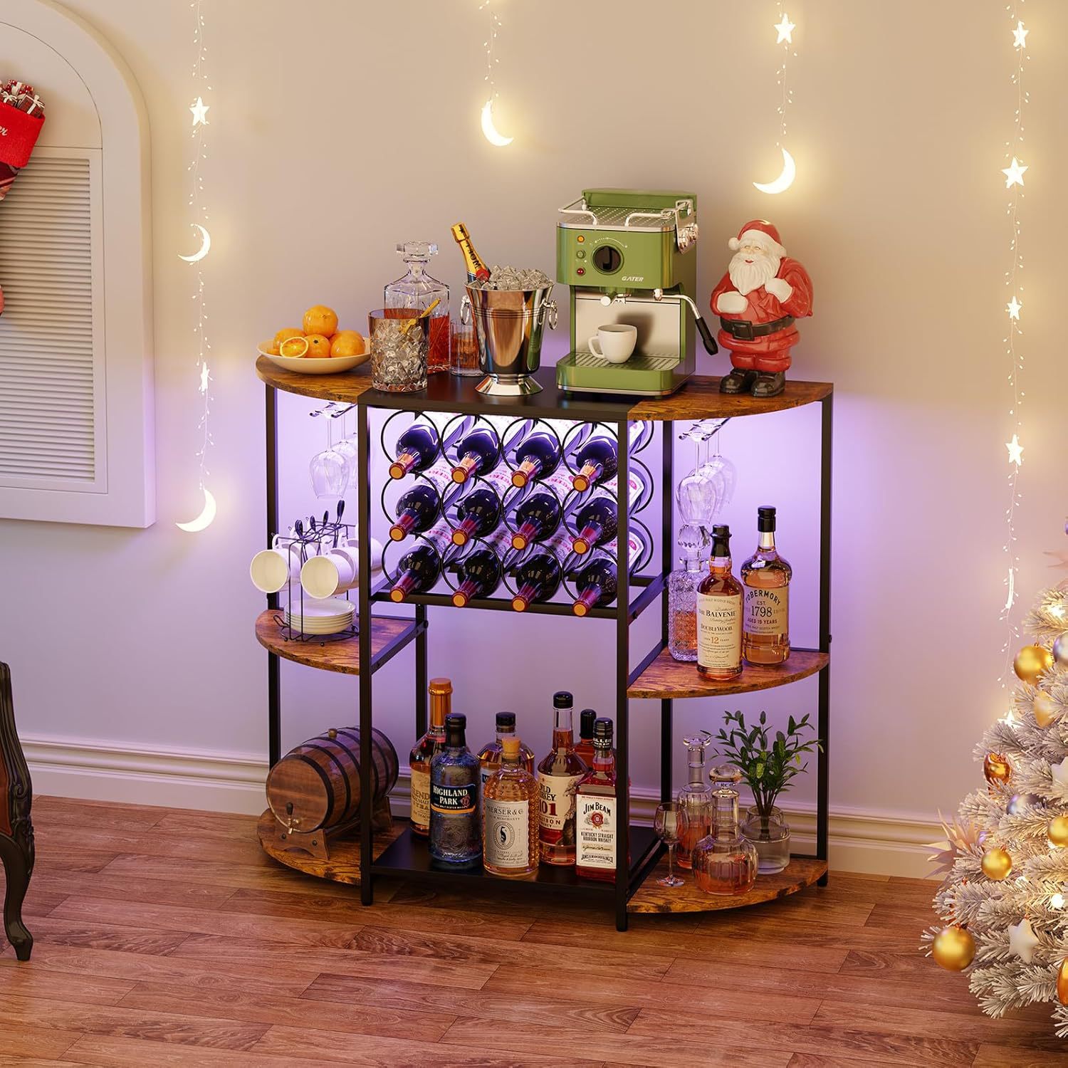 Retro Sideboard with Three-Sided Wine Rack, Home Wine Rack, Kitchen Dining Room Led Light Wine Rack, Three-Layer Storage Cabinet