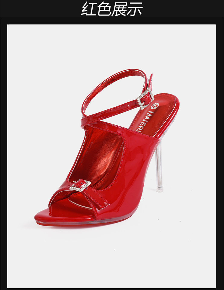 Giày sandal cao gót nữ mũi nhọn da bóng quai ngang khóa cài gót siêu cao — Màu be, Màu bạc, Màu trắng, Màu tím chi tiết 18