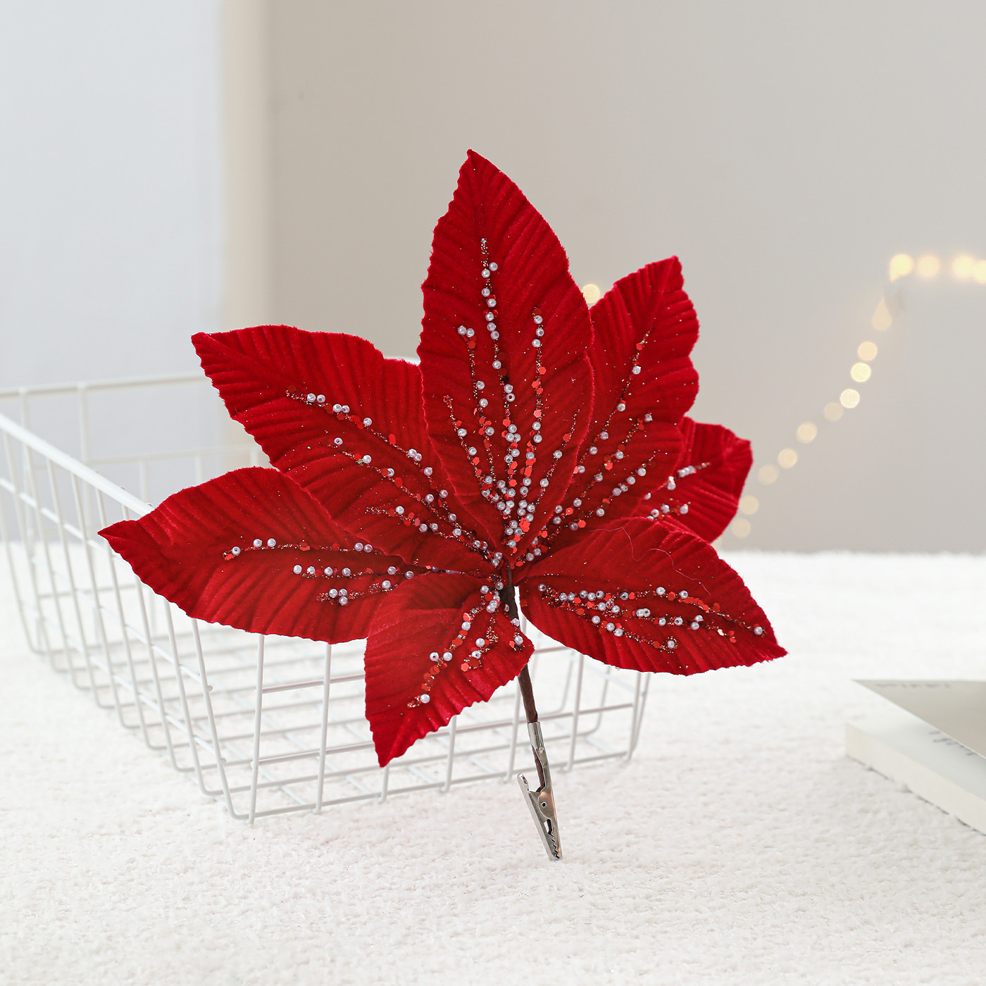 Nuevos productos de flores de Navidad hojas de flores de alta calidad polvo pegajoso perla hojas de adornos de decoración de Navidad flores simuladas