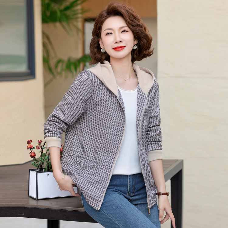 中年妈妈春秋季格子外套女中老年人秋装洋气风衣中年女士夹克上衣|undefined