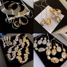 欧美跨境不规则几何金属耳环项链套装个性夸张锁骨链饰品设计感