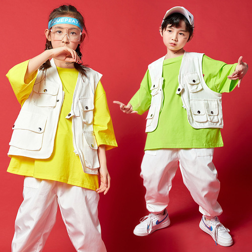 Children's streetwear dance clothes for boys, popping performance children's clothing pure cotton hip-hop vest set, girls' jazz dance clothing
