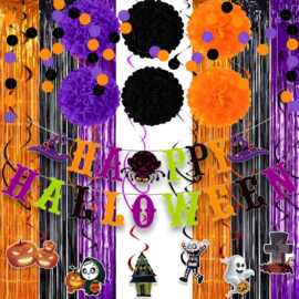 万圣节HappyHalloween拉旗纸花球雨丝帘螺旋吊饰鬼节背景墙布置品