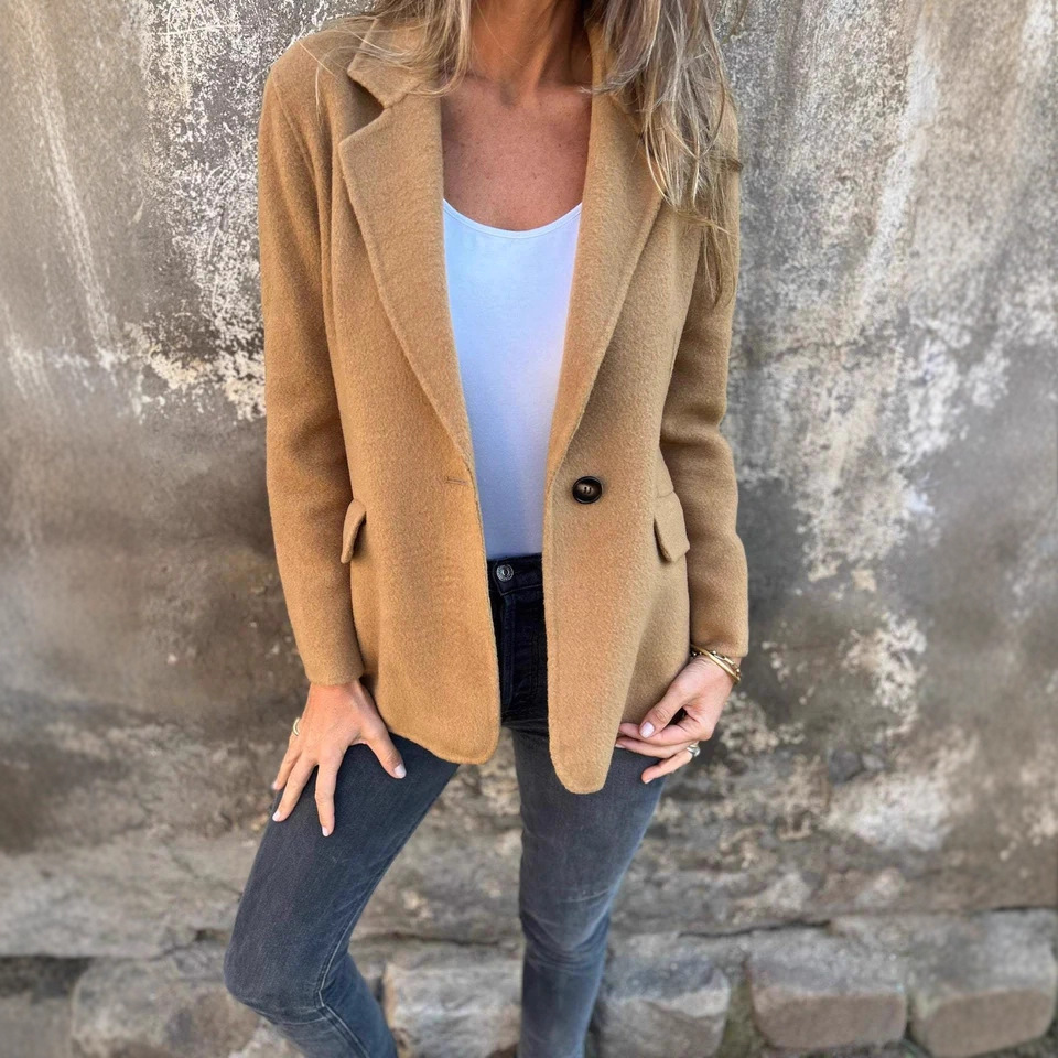 European and American Cross-Border Amazon 2025 Autumn and Winter New Women's Casual Woolen Lapel Button Fake Flap Pocket Pants Suit Jacket