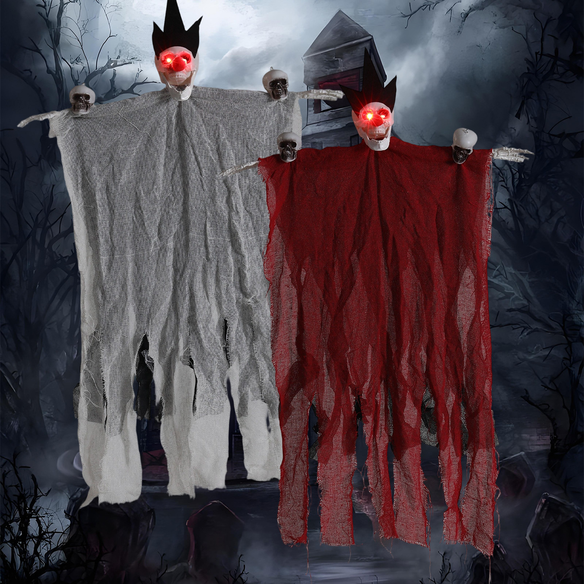 Decoraciones de Halloween, fantasmas colgantes de tres cabezas, brillantes, muecas, gasas, festivales de fantasmas, casas embrujadas, decoraciones de fiesta en el patio