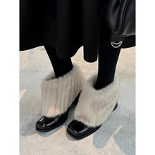 牛皮版~ 韩系粗跟毛毛靴子冬季加绒雪地靴高跟短靴女新款保暖棉靴