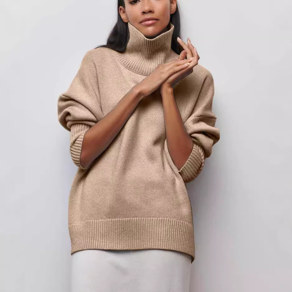 Comercio exterior transfronterizo de color sólido suéter de cuello alto mujeres Europa y América otoño y invierno suelto versátil clásico explosión camiseta de punto precio de fábrica al por mayor image 4