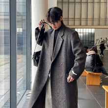 ASCLO韩版人字纹双排扣毛呢大衣双开叉轻熟设计师款高档中长外套