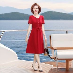 Chiffon Summer Dress, Elegant Mother's Summer Dress, New Short-Sleeved Plus Size Middle-Aged and Elderly Women's Dress, Fashionable Age-Reducing Skirt