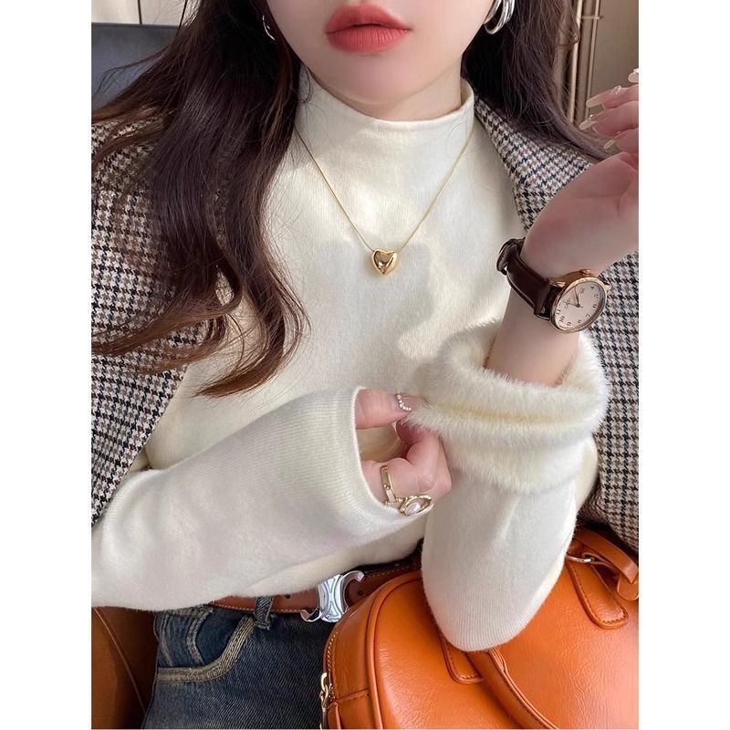 Yazixin Autumn and Winter Half Turtleneck One-Piece Mink Velvet Fleece-Lined Thickeneded Sweater for Women Versatile Warm Pure Color Bottoming Shirt for Women