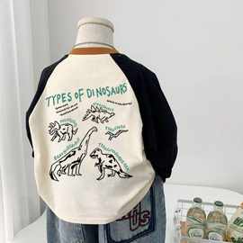 春秋新款儿童纯棉长袖T恤插肩袖韩版潮t卡通男女童圆领拼色打底衫