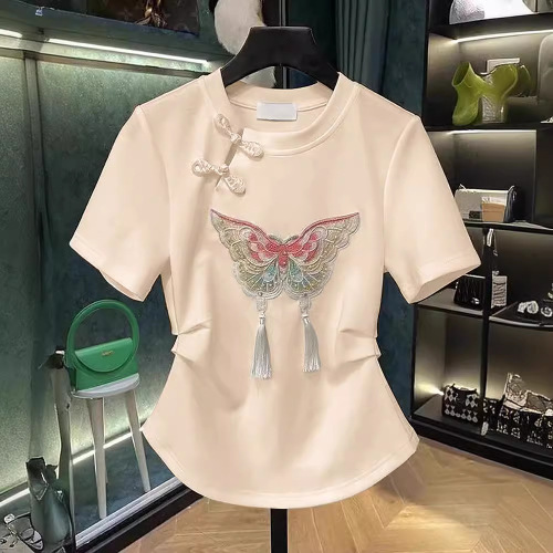 New Chinese Style National Wind Disc Button Stylish Youthful Upgraded Women's 2025 Summer Design Focused Minority White Short Sleeve T-shirt