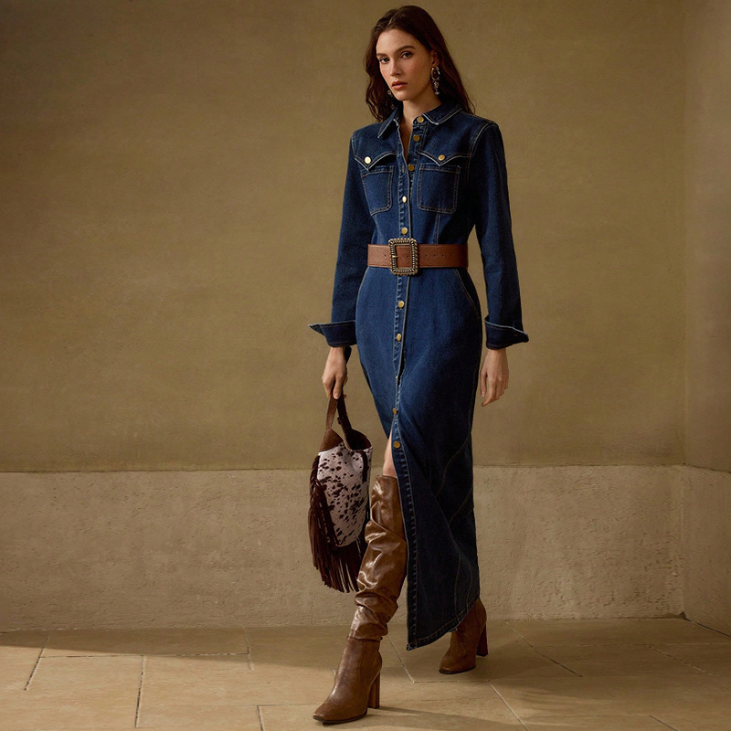 Women's Long Sleeve Button-Down Dress – Elegant Maxi Dress With Front Button Detail (Flowy, Versatile, Boho & Casual Chic)_voghion.com