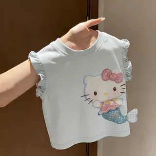 夏季女童洋气HelloKitty美人鱼无袖T恤纯棉宝宝洋气卡通立体上衣