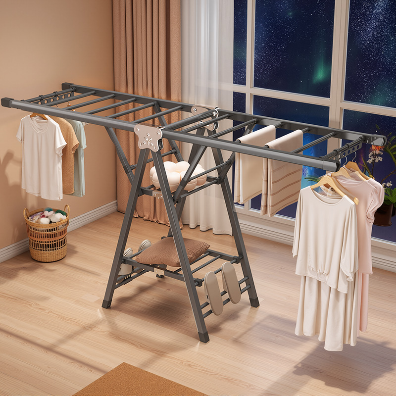 Percha de secado plegable sin instalación, piso al suelo, dormitorio, balcón ajustable, percha de secado interior y exterior, varilla de secado para bebés