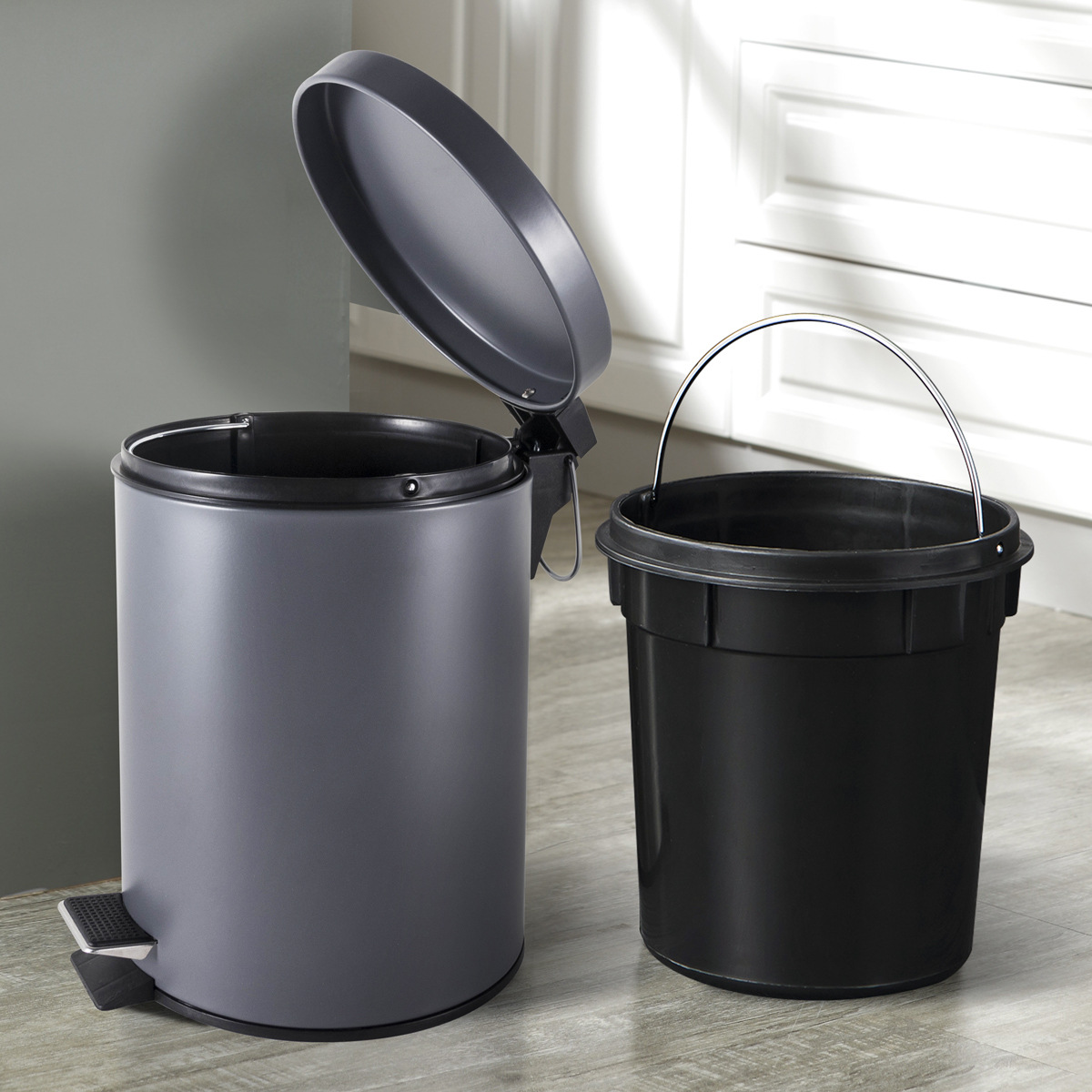 Transfronterizo 12L pistola gris pie pie tapa tapa tapa tapa pie basura con cubierta cocina doméstica almacenamiento sanitario barril limpio