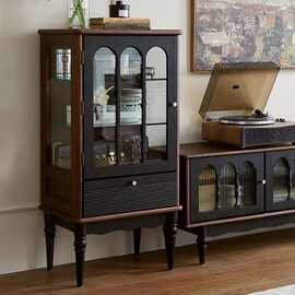 法式复古实木茶几电视柜黑色客厅收纳落地储物柜美式新款网红柜子
