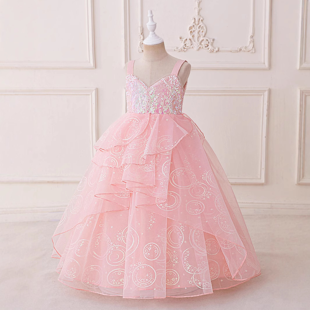 Comercio exterior nuevo estilo vestido para niños vestido de princesa de moda lentejuelas hilo de red tela forjada niña niña niña bebé vestido de noche de un año