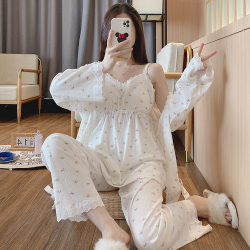Three-Piece Nursing Pajamas with Bra Pads for Pregnant Women - Spring and Autumn Edition - Pure Cotton Maternity and Postpartum Wear - Summer Breastfeeding Clothing