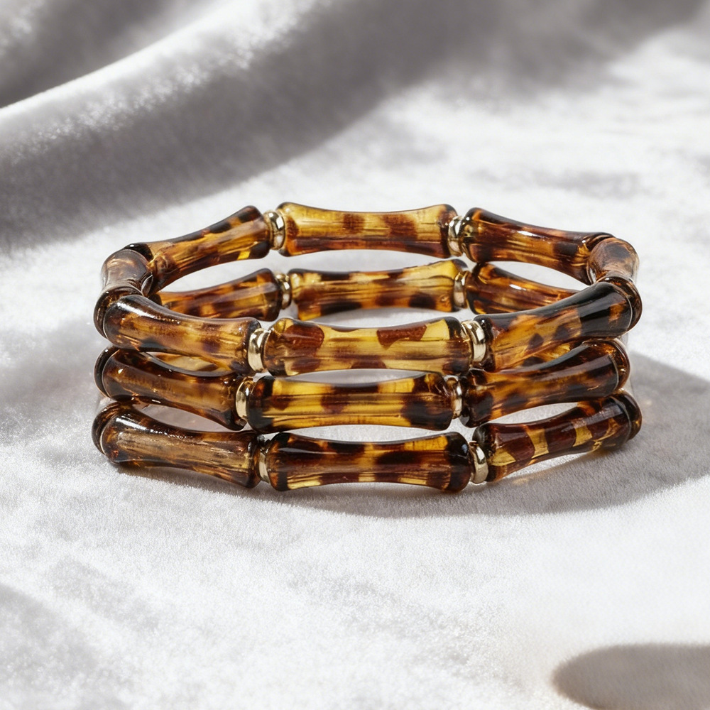 Cross-Border Hot-Selling Bamboo-Shaped Leopard Print Pattern Women's Elastic Stacking Bracelet Set, Personalized and Versatile Multi-Layered Bracelets