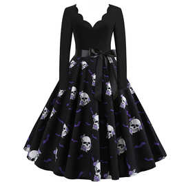 亚马逊欧美热卖万圣节数码印花复古大摆拼接连衣裙