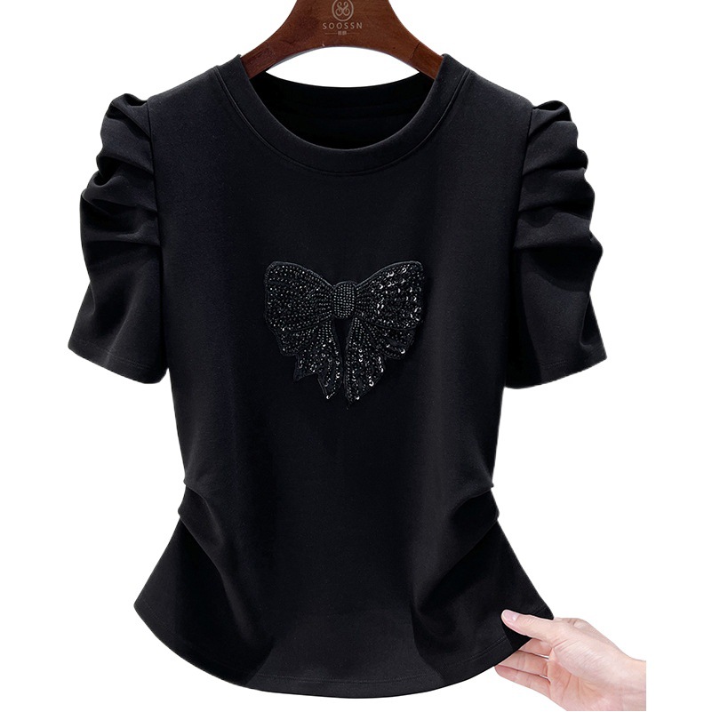 Camiseta de manga corta con mangas abullonadas para mujer, top decorativo con lazo ajustado, novedad de verano 2025, 1688