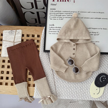 女宝韩版潮款针织毛线衣二件套秋冬尖尖帽咖色洋气上衣+裤子套装