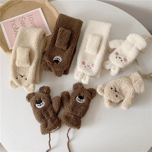 Children's winter warm gloves baby cross windproof scarf lambswool cute cartoon kit plush thickened