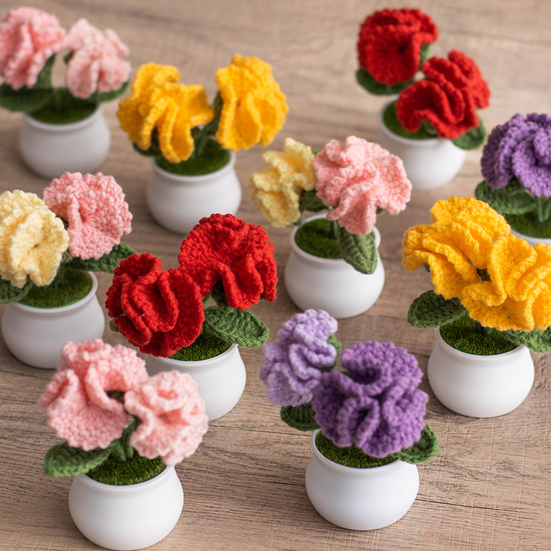 女神節毛線花成品盆栽手工編織花束成品康乃馨花朵針織仿真花禮品
