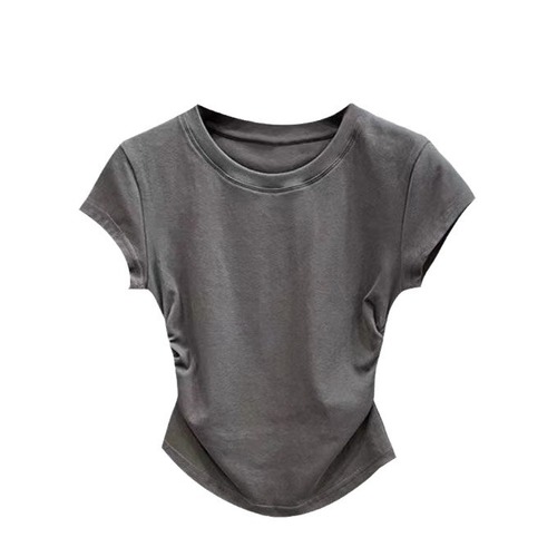 Ins babe pure desire waist-cinch t-shirt short sleeve women's summer solid color basic crew neck top women's fashion
