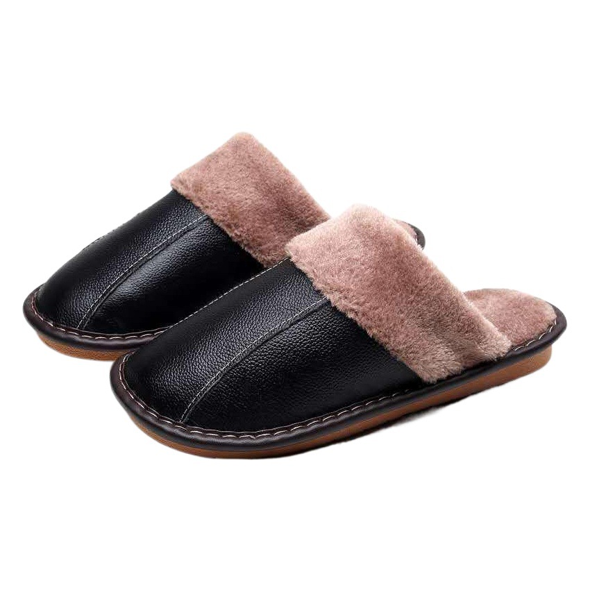 Haining cowhide slippers for men and women autumn and winter lovers non-slip home indoor floor warm leather cotton slippers wholesale