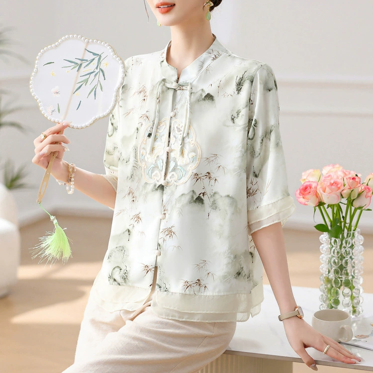 Мама, летняя одежда, хлопчатобумажный и конопляный набор, иностранный стиль 2024 Новый китайский стиль для пожилых женщин, летняя рубашка с короткими рукавами, национальная рубашка из двух частей