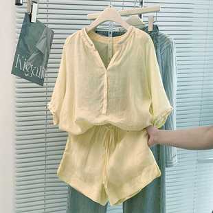 Real Shot of New Pure Cotton Casual Suit for Women, Beaded Shirt, Short-Sleeved Versatile Shorts, Lazy Style Loose Top