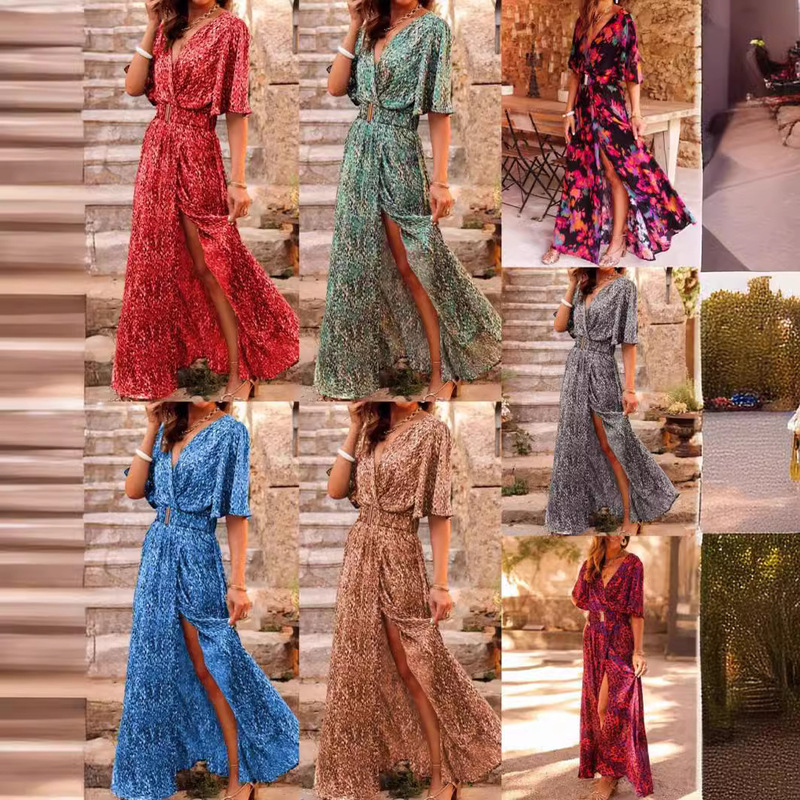 2026 Spring/Summer New European and American Style Cross-Border Printed Short-Sleeve Oversized Flare Dress Slimming Waist-Cinching Commuter Long Dress with Elegance