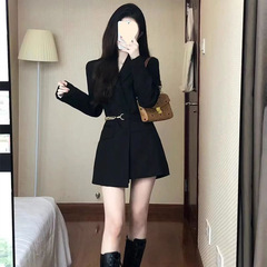 黑色西装连衣裙女秋新款腰带感法式御姐收腰西装长袖西服外套