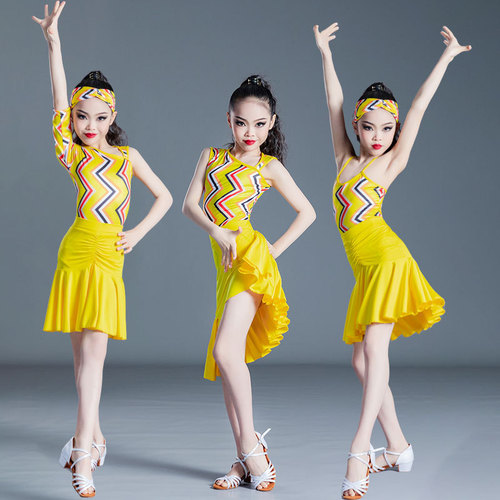 Yellow printed latin dance dress for girls kids acrobatics show employs the spring/summer sling Latin dance skirt girl
