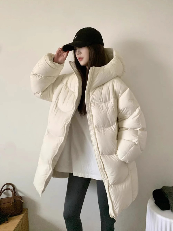 棉服女中长款2025新款茧型简约连帽泡芙韩系宽松加厚保暖棉袄外套|undefined