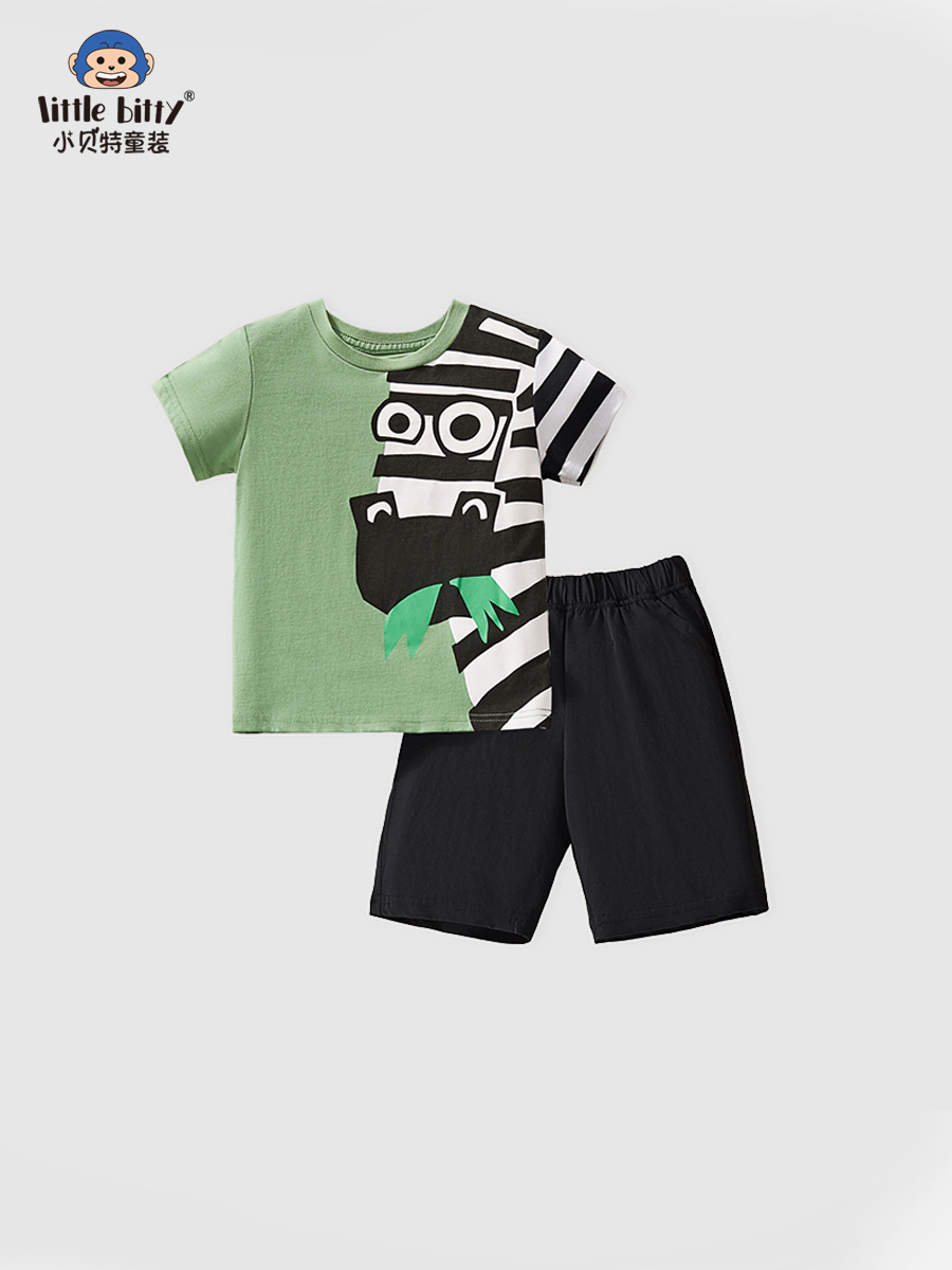 2025 New Summer Kidsren's Suit Korean Style Trendyy Pattern Printing Short-Sleeved T-Shirt Two-Piece Set for Kidsren and Middle-Aged Kidsren Wholesale