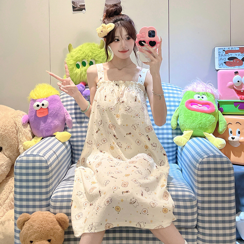 2025 nuevo pijama de hilo de algodón de nube camisón de verano para mujer linda niña dulce con cojín para el pecho servicio a domicilio