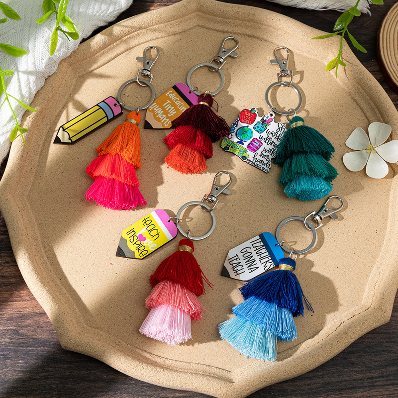 Teacher's Day Pencil Wooden Three-layer Tassel Pagoda Keychain Pendant Contrast Color Cotton Thine Hanging Spike Handmade Luggage Hanging Decoration