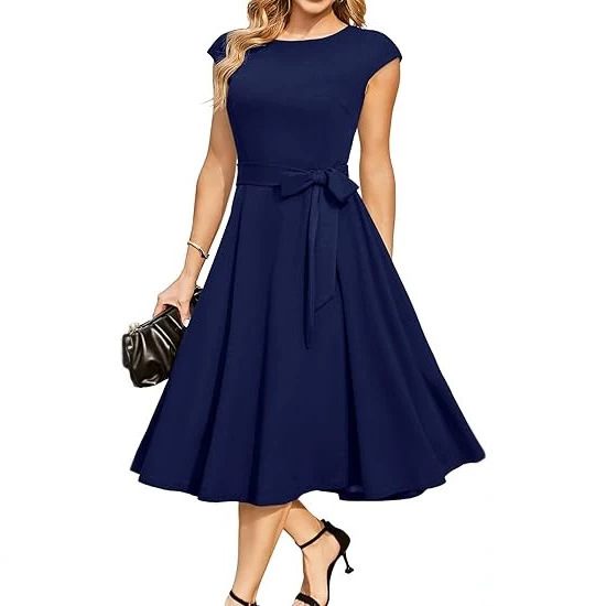 2026 Summer Navy Blue Hepburn-Style Dress with Waist-Cinching Bow, A-Line, Large Hem, Mid-Length Women's Dress for Early Summer