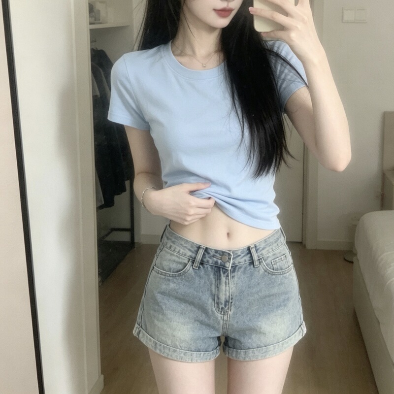 New Blue Casual Versatile Round Neck Short-Sleeve Women's Top Summer U-Neck Regular Shoulder Short-Sleeve T-Shirt Slim Fit New Blue Casual Versatile Round Neck Short-Sleeve Women's Top Summer U-Neck Regular Shoulder Short-Sleeve T-Shirt Slim Fit