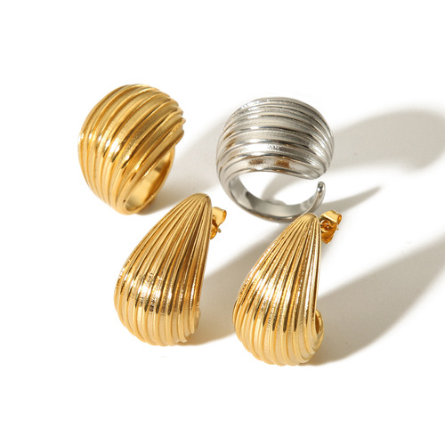European and American Internet celebrity niche striped water drop earrings 18K gold stainless steel water drop ring high-end jewelry set