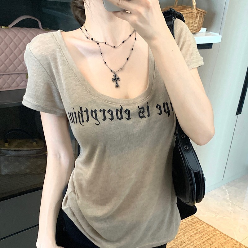 레터 러브 프린트 브이넥 반팔 티셔츠 여성 여름 슬림핏 이너 디자인 핫걸 쇼트 숄더 탑