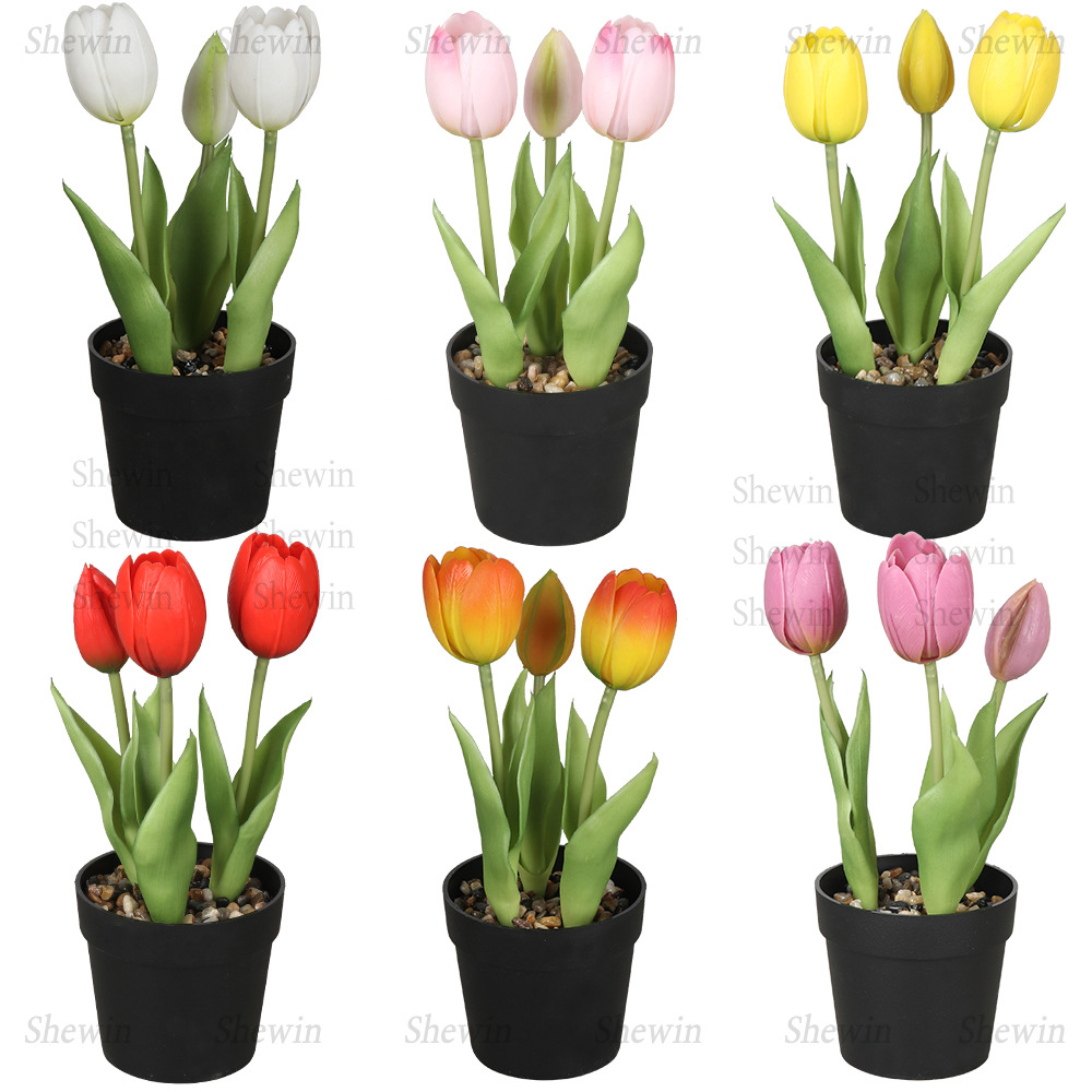 Planta Artificial de Tulipán en Maceta de Plástico de 3 Cabezas, PVC Blando, Tacto Real para Decoración del Hogar y Mesa