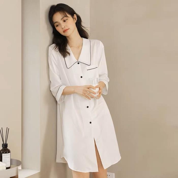 2023 pijamas de las mujeres del verano camisa cuello corto camisón de seda artificial casual simple de las mujeres 3/4 manga desgaste del hogar falda de seda de hielo