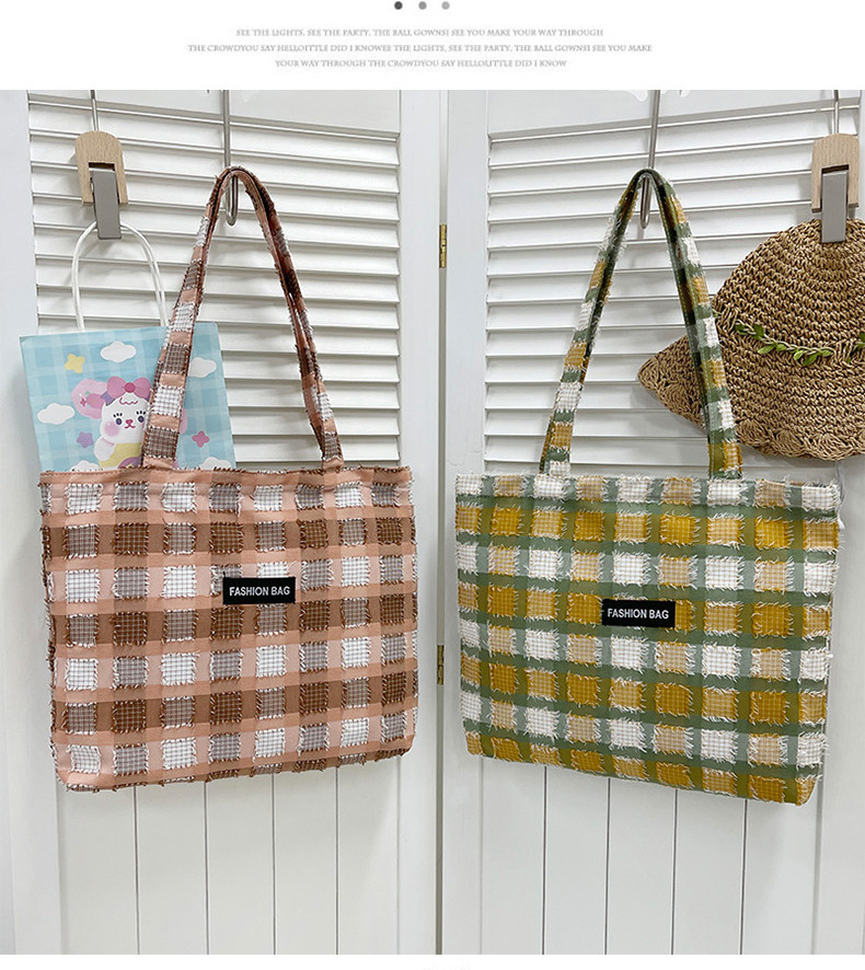 Girls' Japanese-style checkered shopping bags, zipper canvas bags, girls' Korean-style large-capacity student tote bags for class undefined
