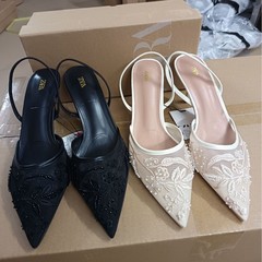ZA 婦人靴 2025 秋の新メッシュ中国風ハイヒールパール刺繍スティレットヒール婦人靴バックストラップポインテッドトゥ婦人靴